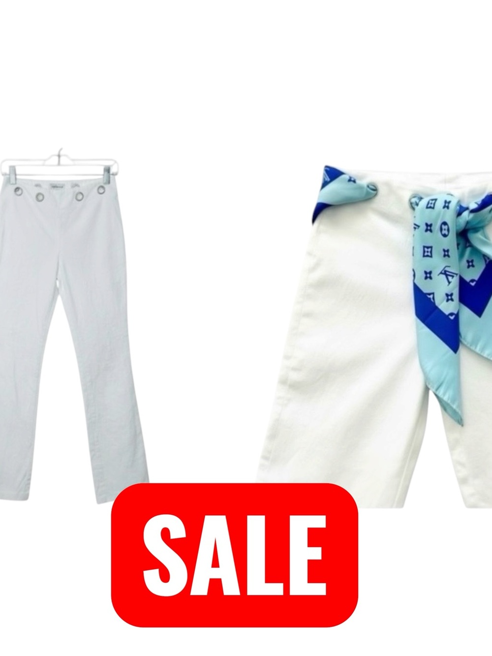 White Pants with 8 silver circles surrounding waistband Sz 2 To belt or not